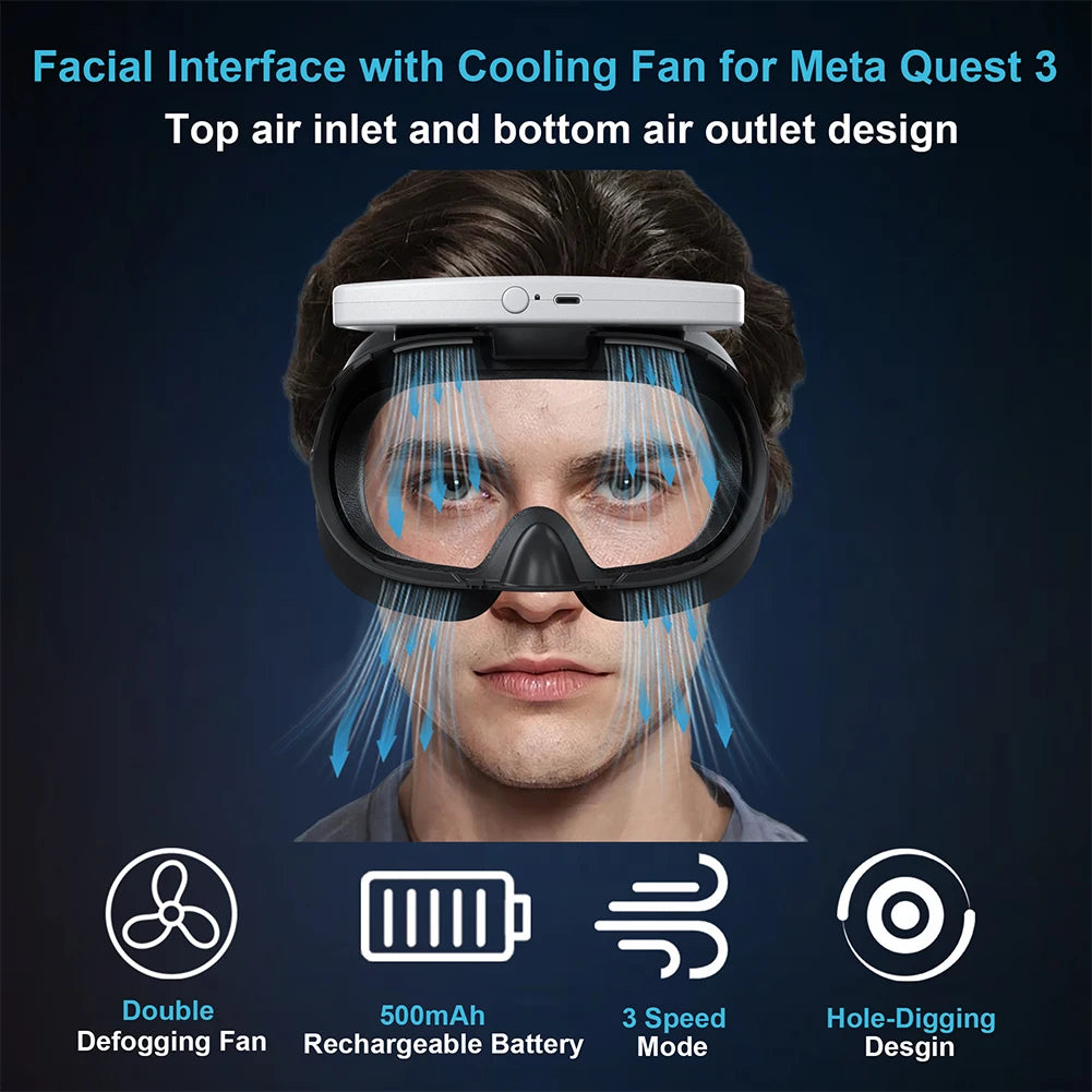 مروحة تبريد مع غطاء للوجه لتخفيف ضباب العدسات ومروحة تهوية للوجه بثلاث سرعات لملحقات Meta Quest 3