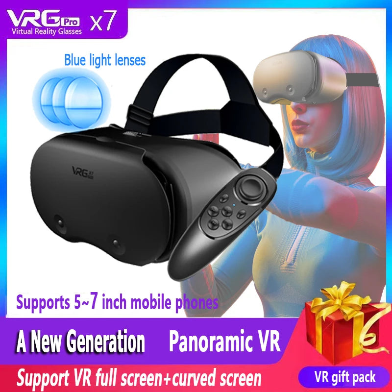 نظارات الواقع الافتراضي VRG Pro X7 ثلاثية الأبعاد مع عدسة للهواتف الذكية ووحدة تحكم وسماعة رأس للنظارات ذات الضوء الأزرق من 5 إلى 7 بوصات