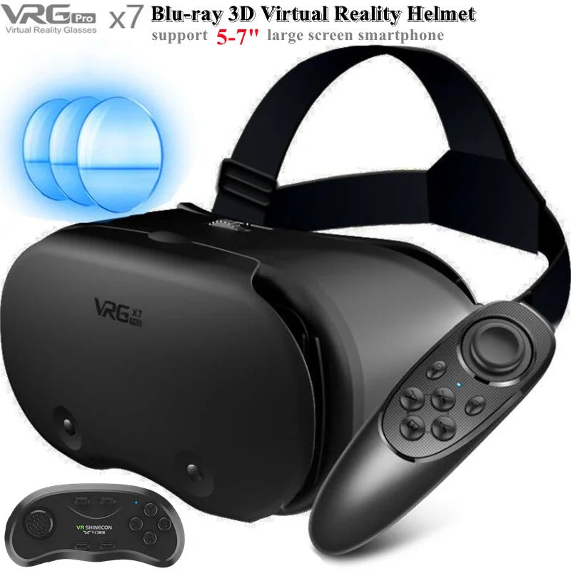 صندوق نظارات الواقع الافتراضي VRGpro X7 VR ثلاثي الأبعاد الأصلي، خوذة الواقع الافتراضي من Google Cardboard للهواتف الذكية التي تعمل بنظام IOS وAndroid مقاس 5-7 بوصة، مع حامل لاسلكي