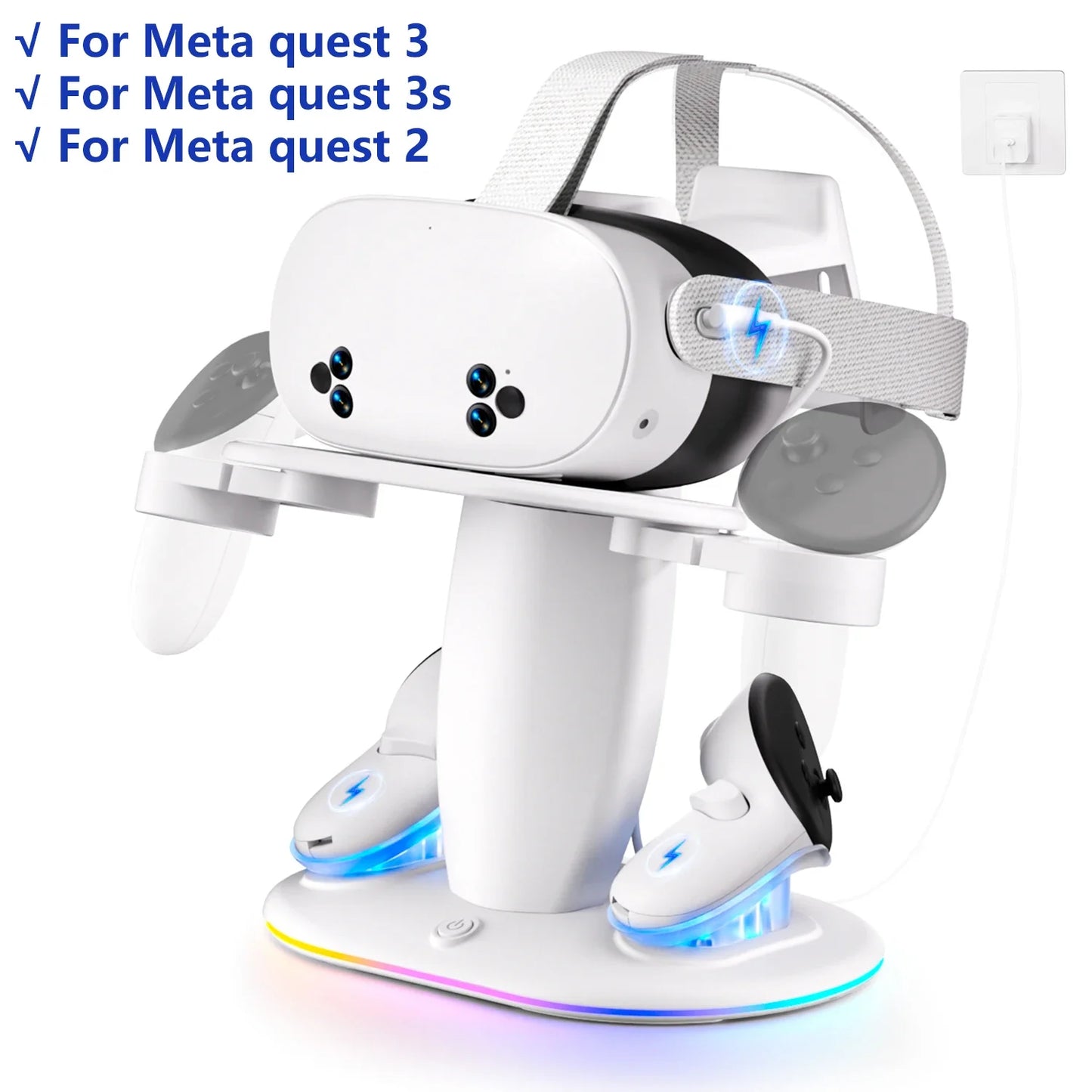لوحدة تحكم سماعة الواقع الافتراضي Meta Quest 2/3/3S، قاعدة شحن سريعة، حامل عرض الواقع الافتراضي مع بطاريتين قابلتين لإعادة الشحن وقاعدة شاحن