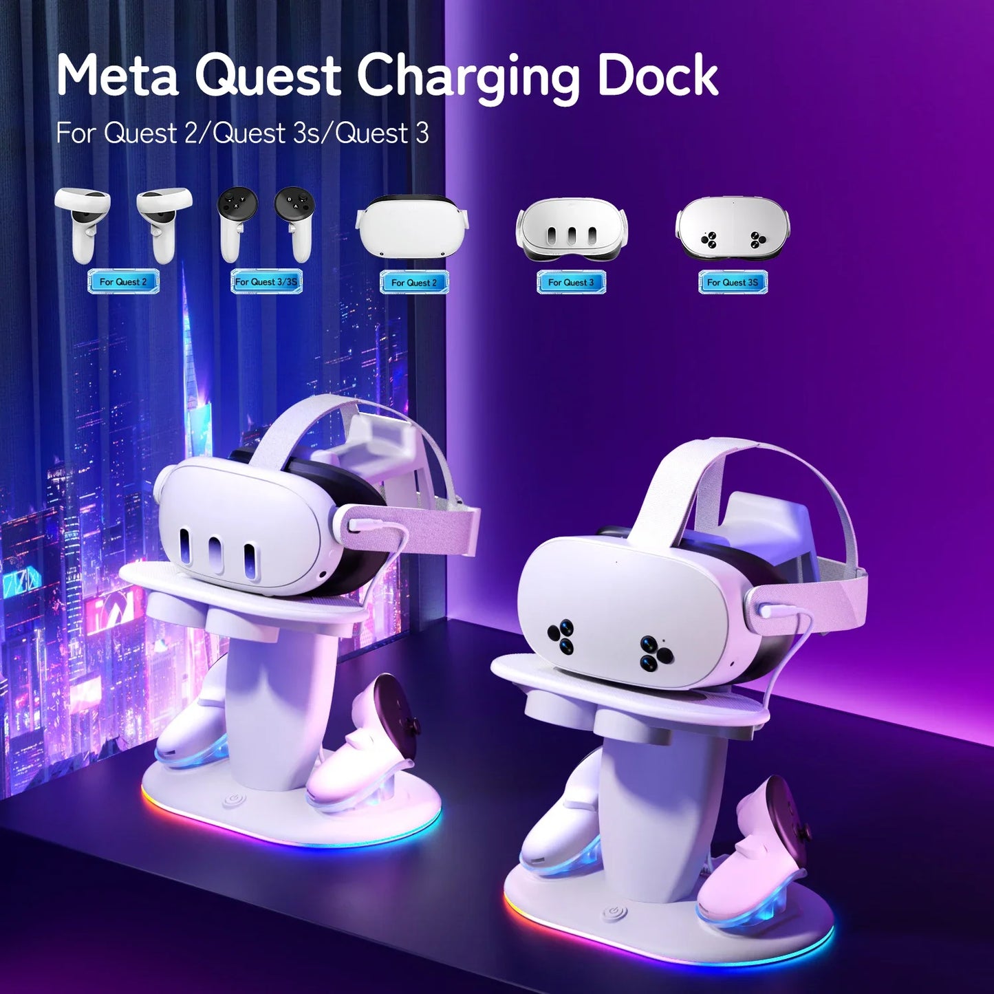 لوحدة تحكم سماعة الواقع الافتراضي Meta Quest 2/3/3S، قاعدة شحن سريعة، حامل عرض الواقع الافتراضي مع بطاريتين قابلتين لإعادة الشحن وقاعدة شاحن